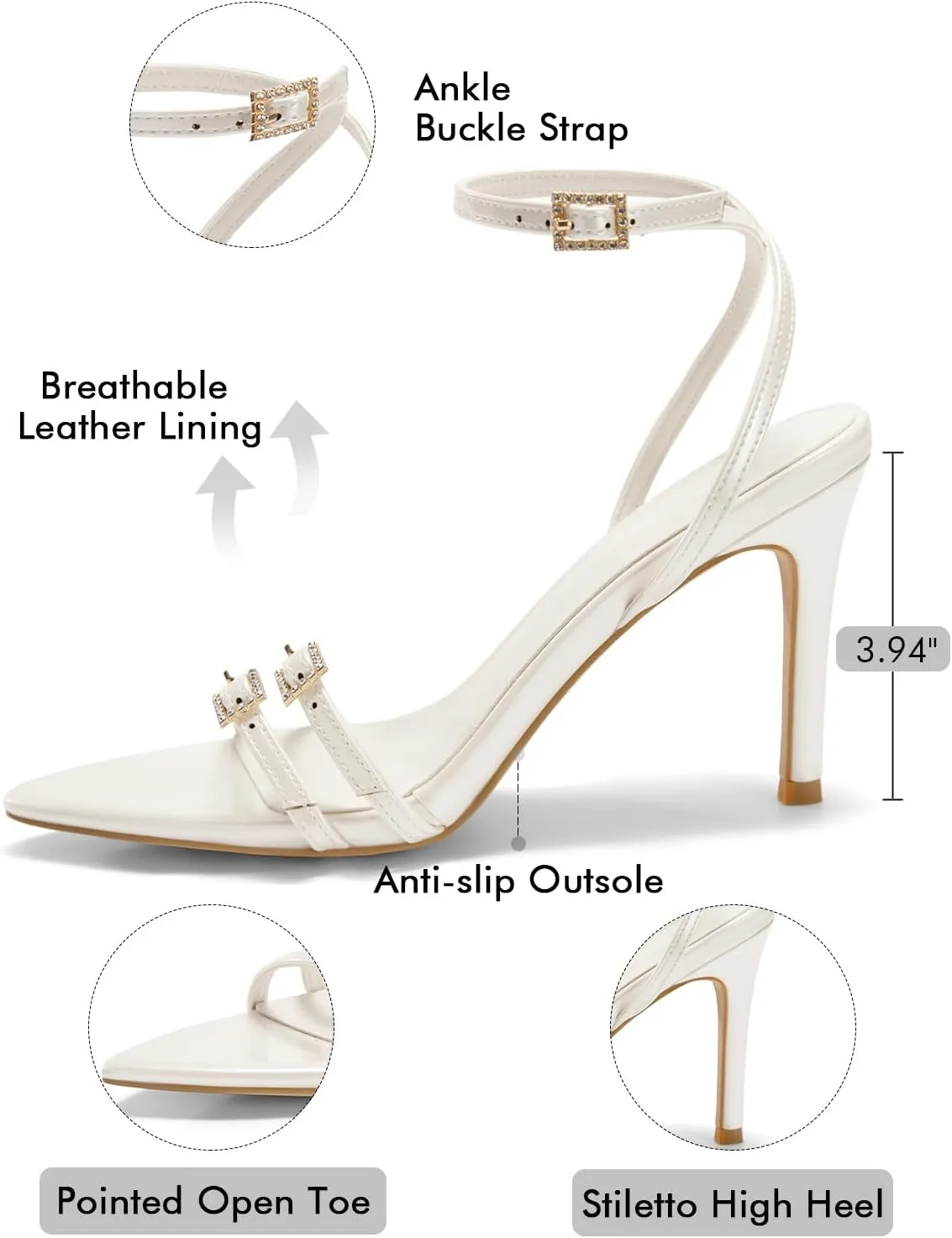 Coutgo Womens High Heeled Sandals Pointed Open Toe Ankle Buckle Strap Stiletto Heels Dress Party Shoes