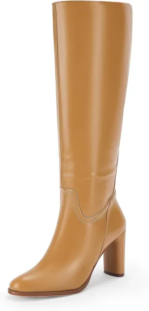 Coutgo Womens Knee High Boots Pointed Toe Chunky Heel Boot Side Zipper Winter Long Boots