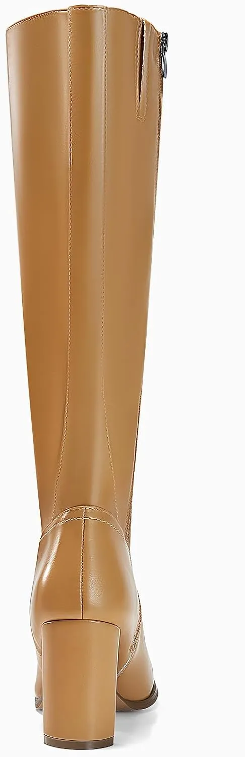 Coutgo Womens Knee High Boots Pointed Toe Chunky Heel Boot Side Zipper Winter Long Boots