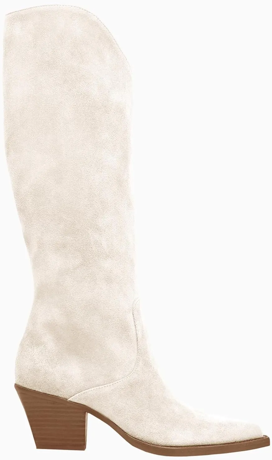 Coutgo Womens Wide Calf Cowboy Boots Suede Knee High Chunky Heel Pointed Toe Western Cowgirl Boots