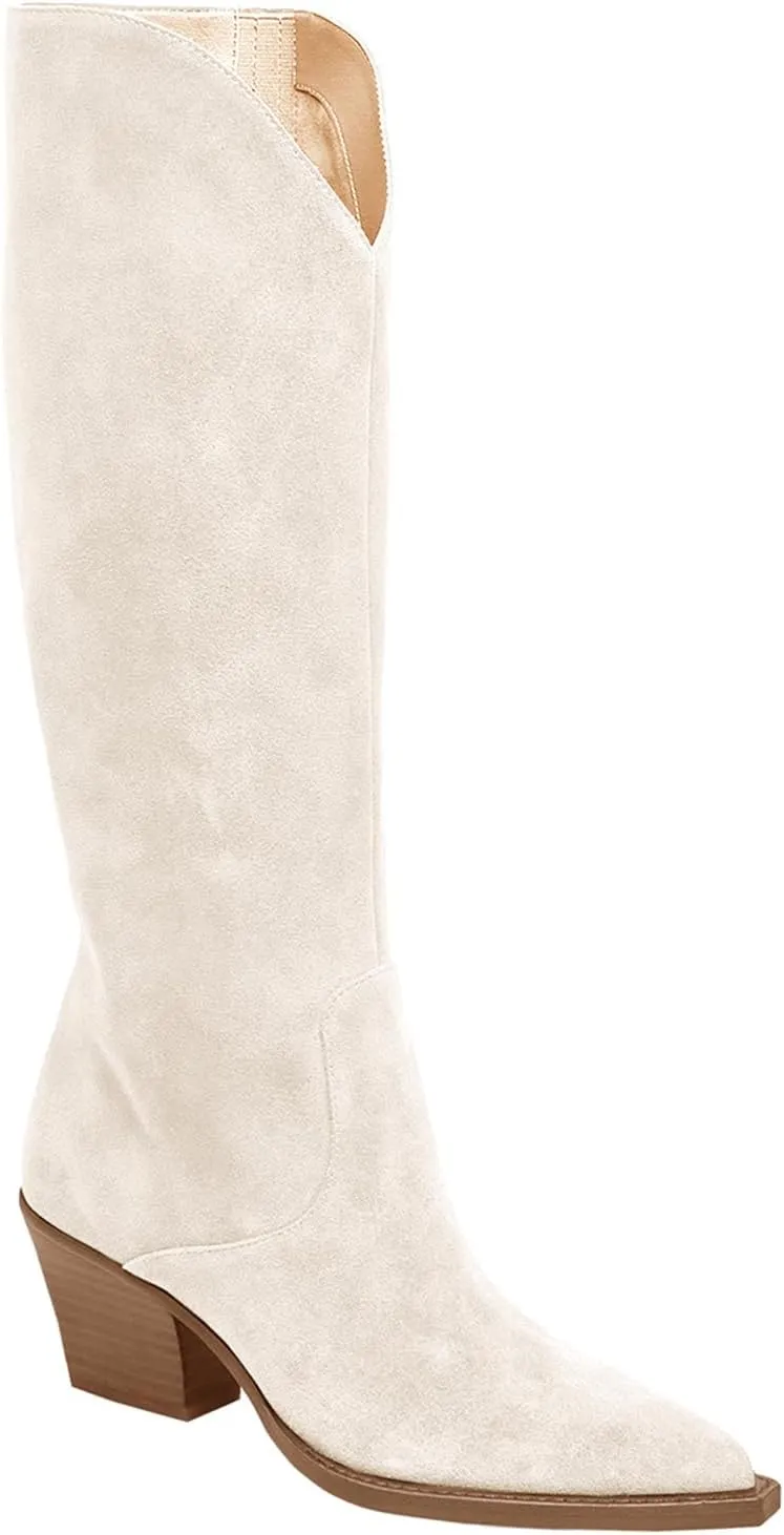 Coutgo Womens Wide Calf Cowboy Boots Suede Knee High Chunky Heel Pointed Toe Western Cowgirl Boots