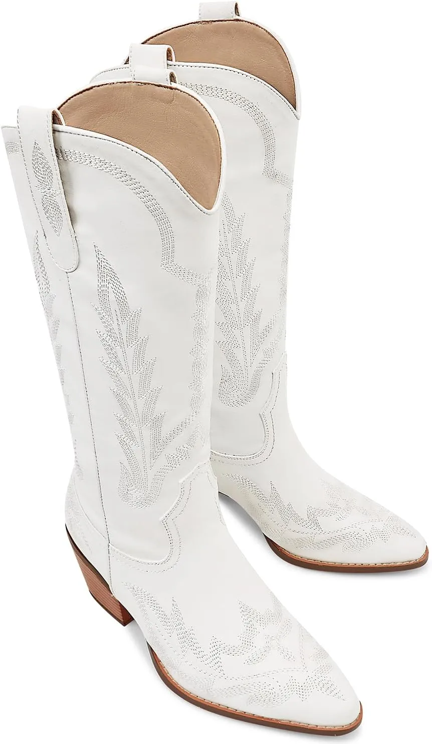 Cowboy Boots for Women Cowgirl Boots Mid Calf Western Country Pointed Toe Embroidery Chunky Heel Pull On Red