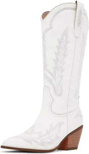 Cowboy Boots for Women Cowgirl Boots Mid Calf Western Country Pointed Toe Embroidery Chunky Heel Pull On Red