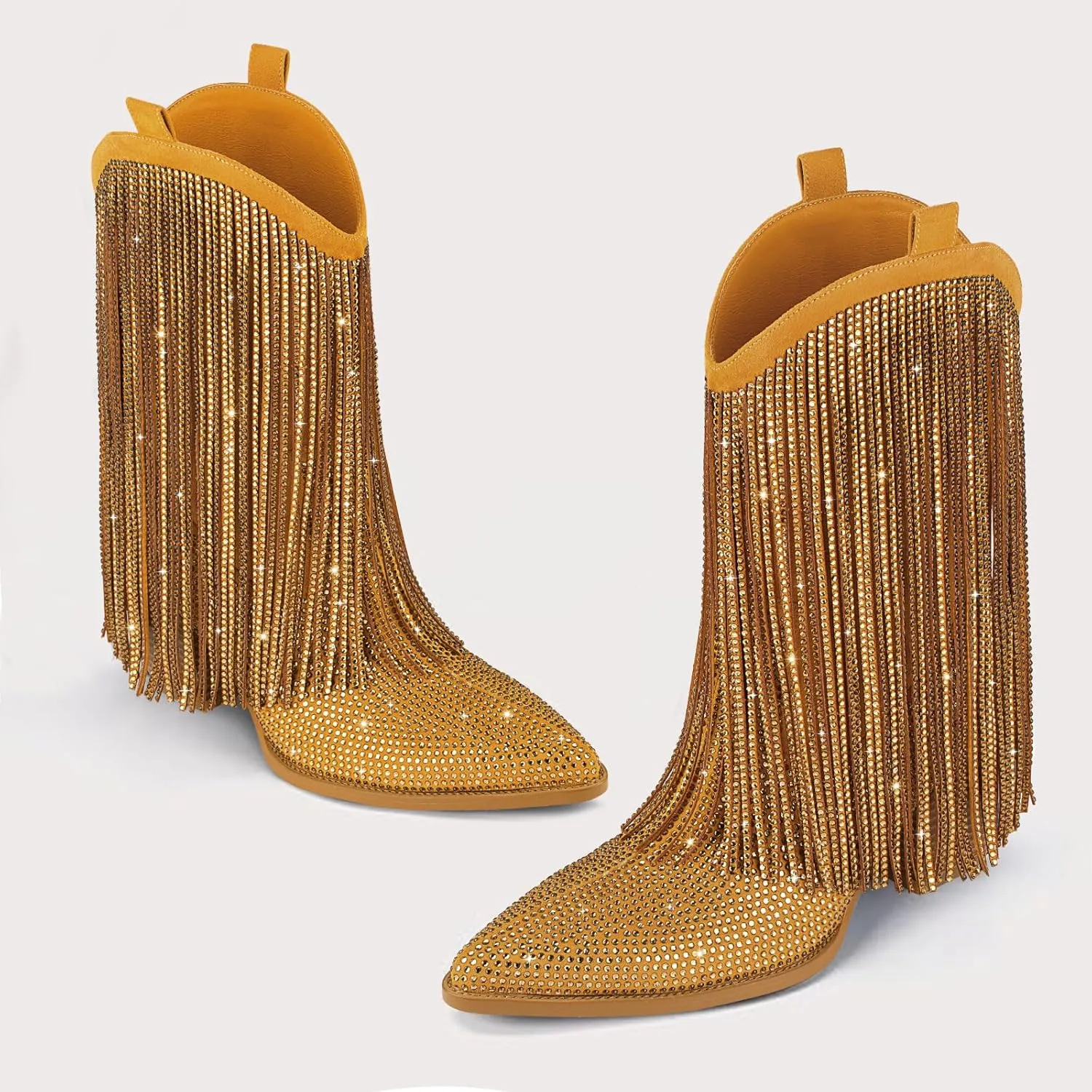 Cowboy Boots for Women - Cowgirl Western Rhinestone Sparkly Fringe Chunky Heel Pointed Toe Ankle Boots