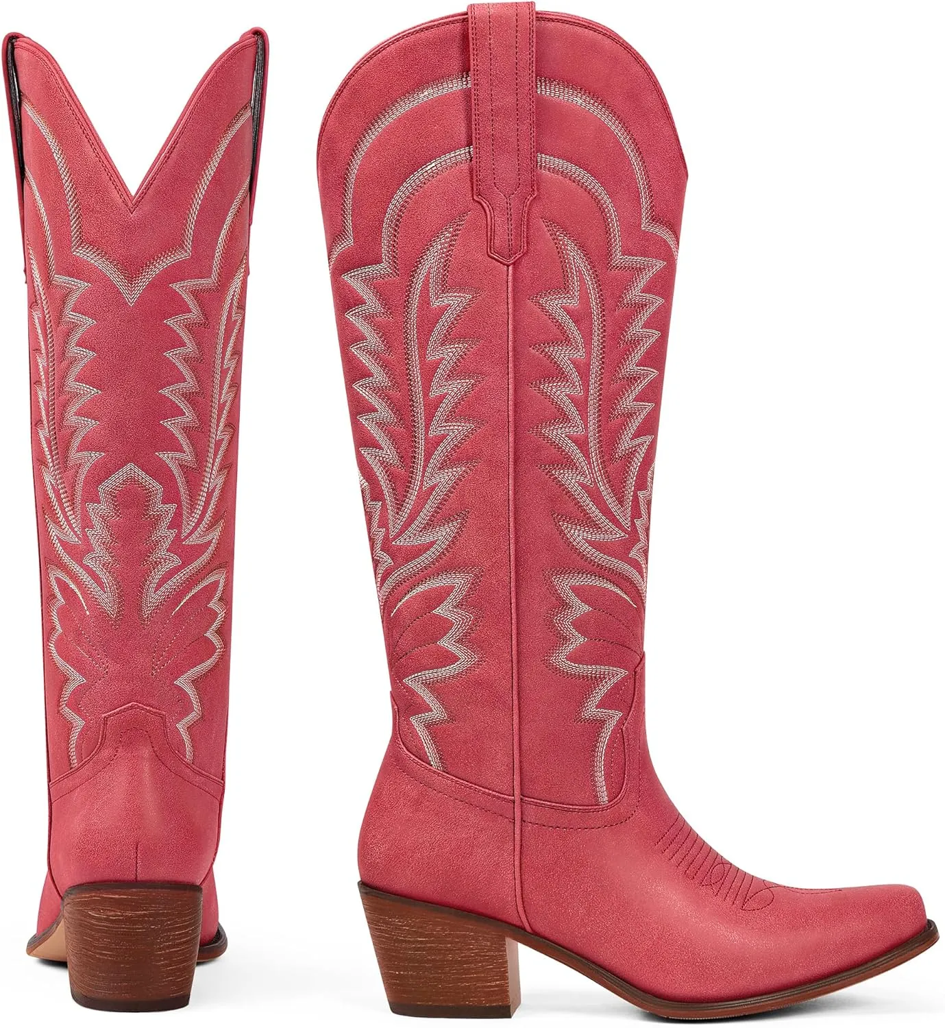Cowboy Boots for Women - Knee High Cowgirl Boots Pointed Toe Chunky Heel Pull On Classic Embroidered Fashion Retro Western Tall Boots for Women