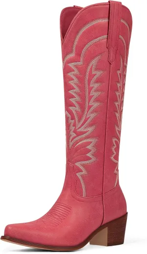 Cowboy Boots for Women - Knee High Cowgirl Boots Pointed Toe Chunky Heel Pull On Classic Embroidered Fashion Retro Western Tall Boots for Women