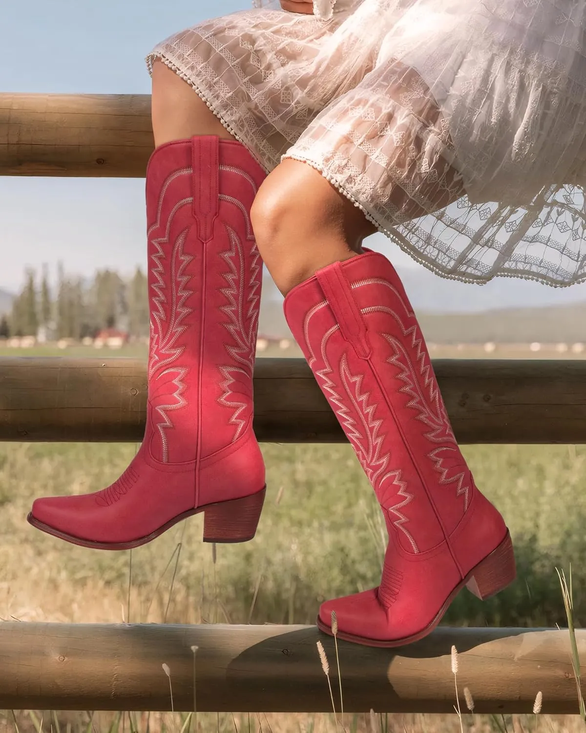 Cowboy Boots for Women - Knee High Cowgirl Boots Pointed Toe Chunky Heel Pull On Classic Embroidered Fashion Retro Western Tall Boots for Women