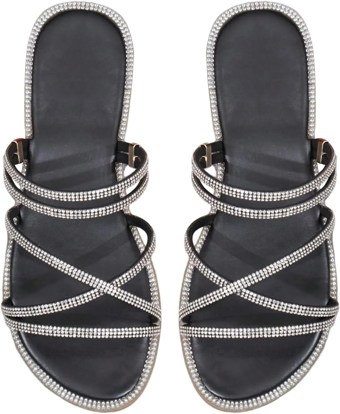 COZYEASE Women's Glitter Rhinestone Decor Flat Sandals Criss Cross Strappy Slides Open Toe Slippers