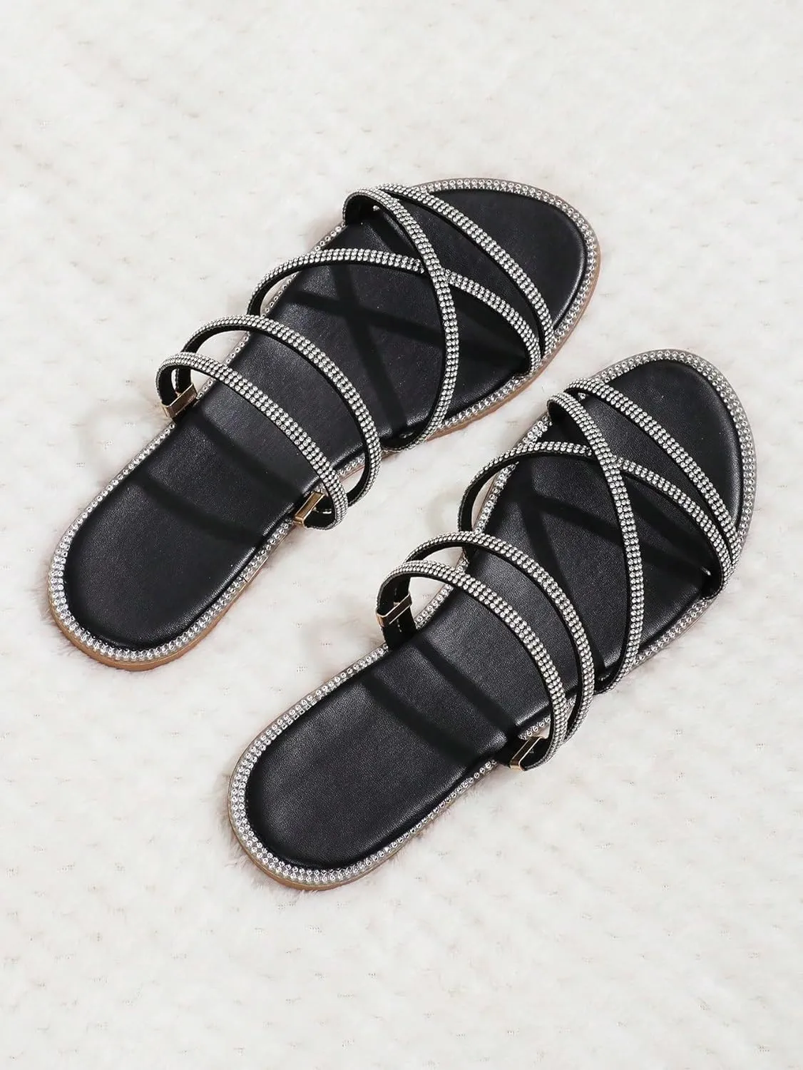 COZYEASE Women's Glitter Rhinestone Decor Flat Sandals Criss Cross Strappy Slides Open Toe Slippers