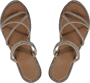 COZYEASE Women's Glitter Rhinestone Decor Flat Sandals Criss Cross Strappy Slides Open Toe Slippers