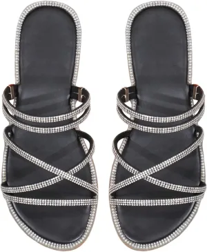 COZYEASE Women's Glitter Rhinestone Decor Flat Sandals Criss Cross Strappy Slides Open Toe Slippers