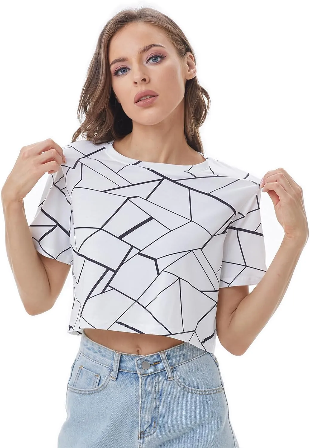 Crop Tops for Women Loose Crewneck T Shirts,Women's Cropped Graphic Crop T Shirts