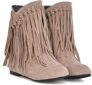 CROSSBABY Womens Fringe Western Boots Fashion Hidden Heel Knee-high Boots，Suede Western Tassel Cowboys Ankle Boots