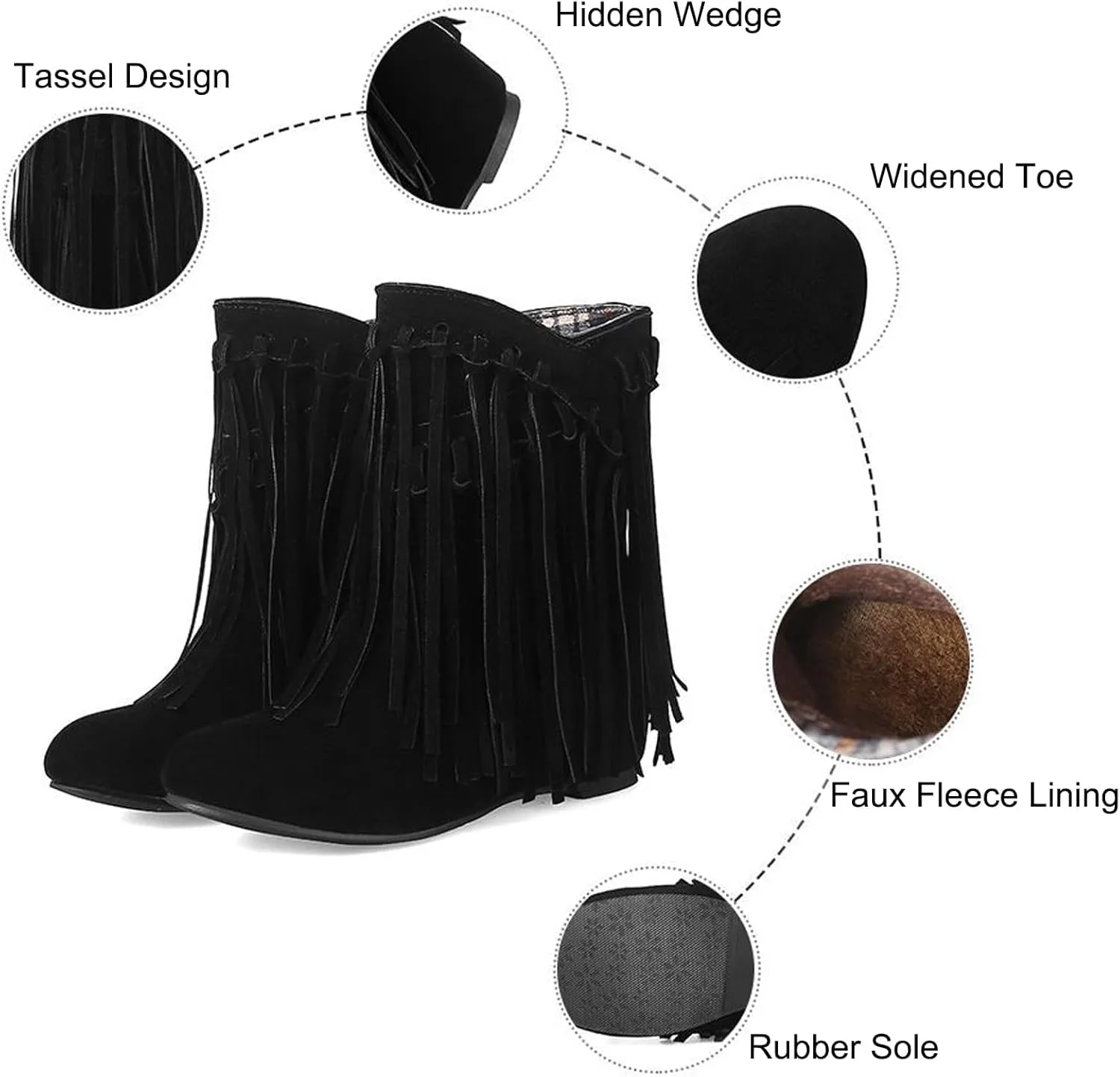 CROSSBABY Womens Fringe Western Boots Fashion Hidden Heel Knee-high Boots，Suede Western Tassel Cowboys Ankle Boots