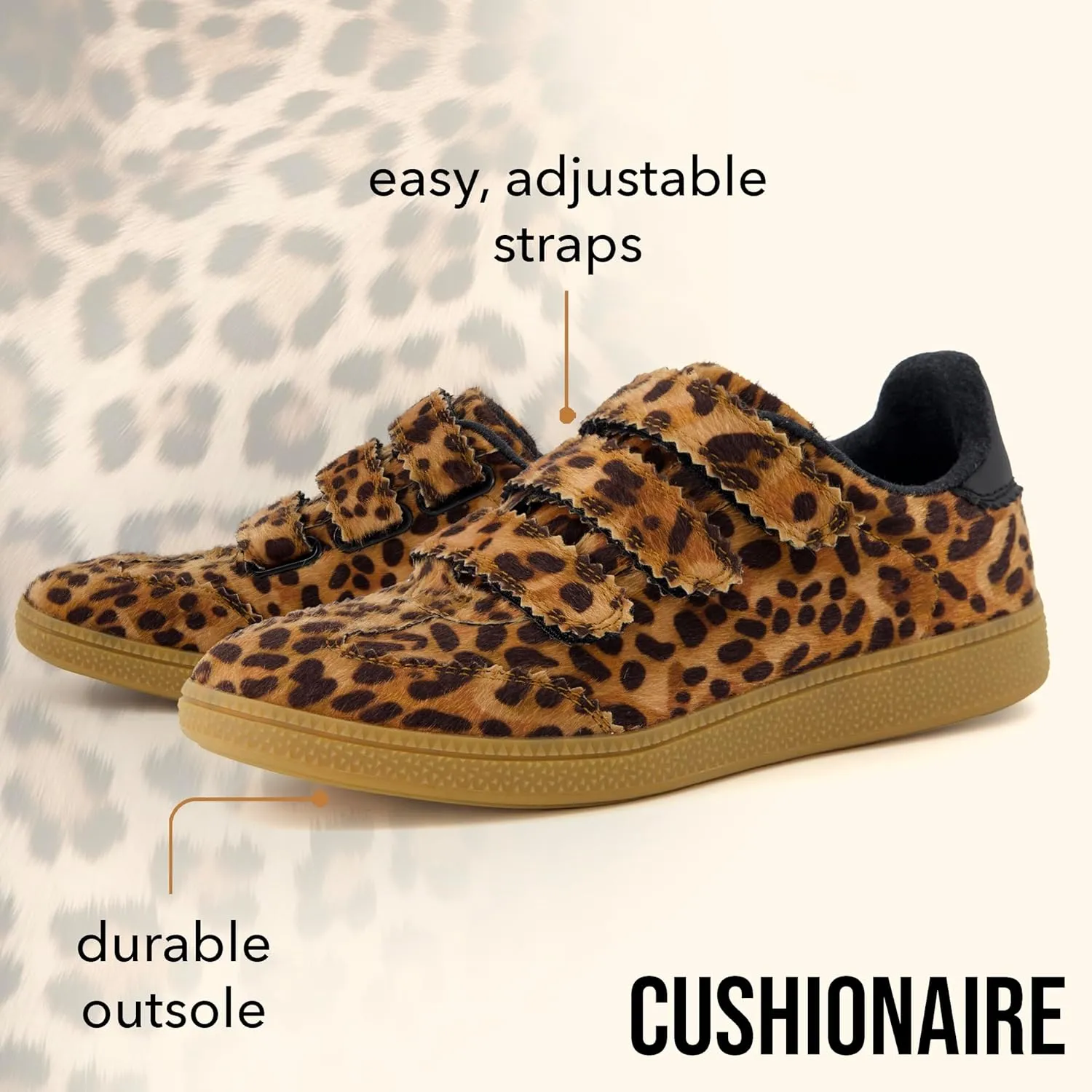 CUSHIONAIRE Bastion Vegan Hair Calf Leopard Print Casual Hook and Loop Closure Womens Sneakers – Lightweight Comfort with Non-Slip Rubber Sole