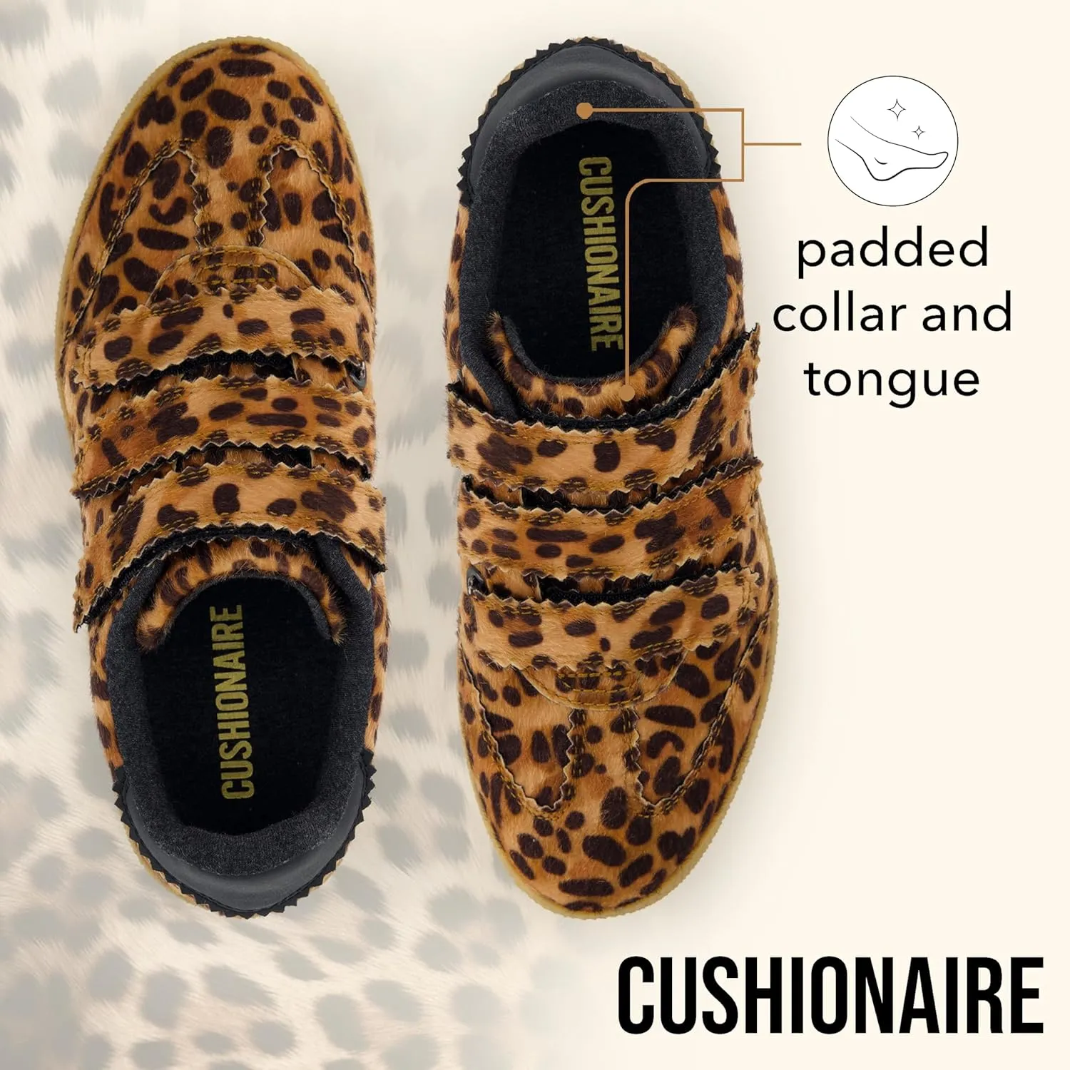 CUSHIONAIRE Bastion Vegan Hair Calf Leopard Print Casual Hook and Loop Closure Womens Sneakers – Lightweight Comfort with Non-Slip Rubber Sole