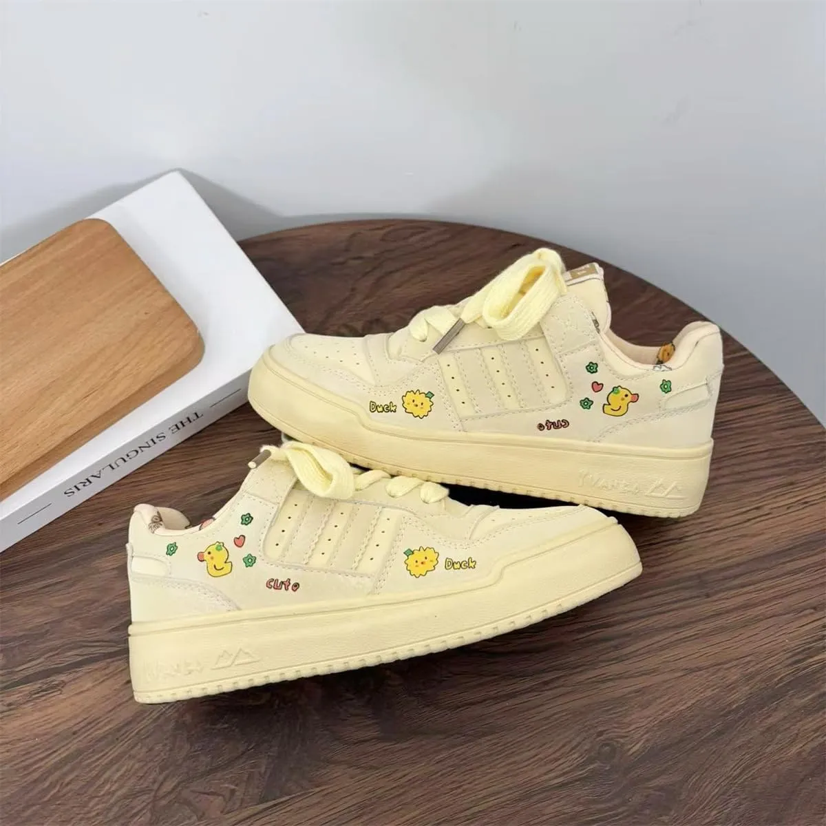 Cute Cartoon Print Chunky Sneakers for Women & Girls - Retro Y2K Leather Slip-On Shoes, Comfy Orthopedic Thick Sole Casual Streetwear for Sports, Hiking, Back to School, Beach Travel, Birthday Gifts