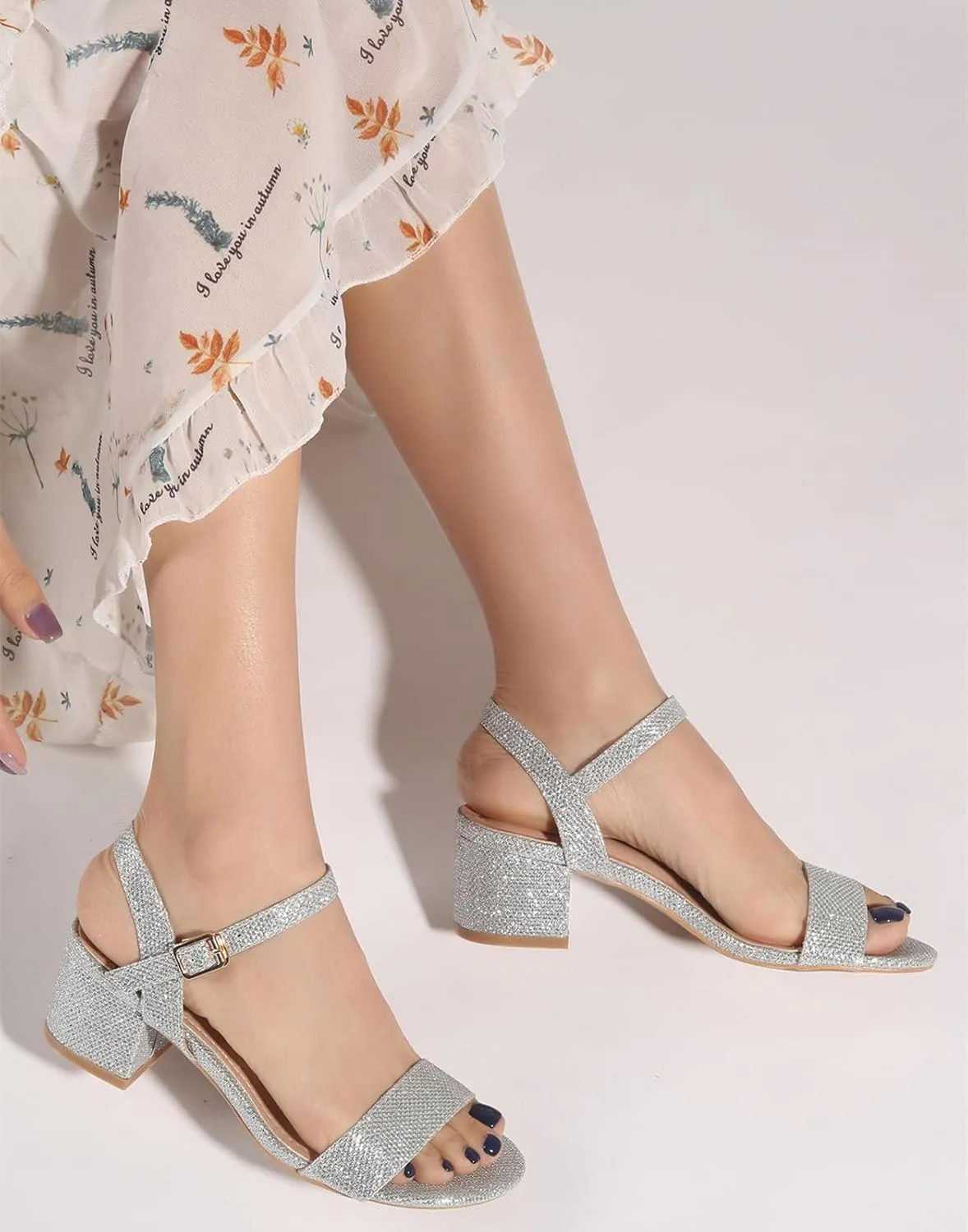 DADAWEN Women's Open Toe Ankle Strap Glitter Low Block Chunky Heels Sandals Party Dress Pumps Shoes