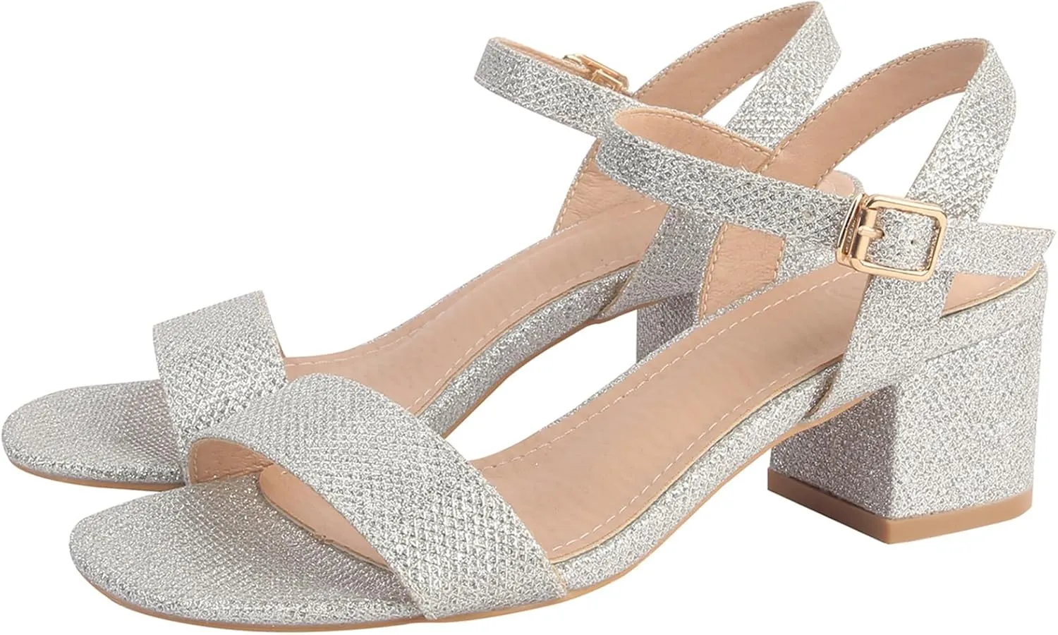 DADAWEN Women's Open Toe Ankle Strap Glitter Low Block Chunky Heels Sandals Party Dress Pumps Shoes