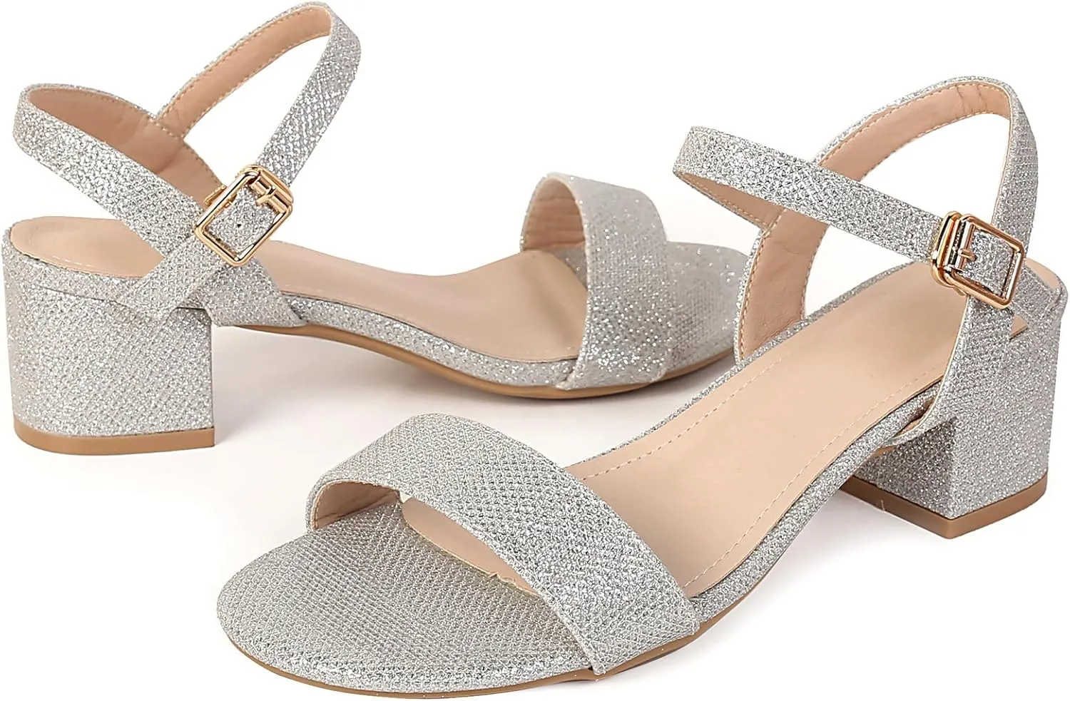 DADAWEN Women's Open Toe Ankle Strap Glitter Low Block Chunky Heels Sandals Party Dress Pumps Shoes