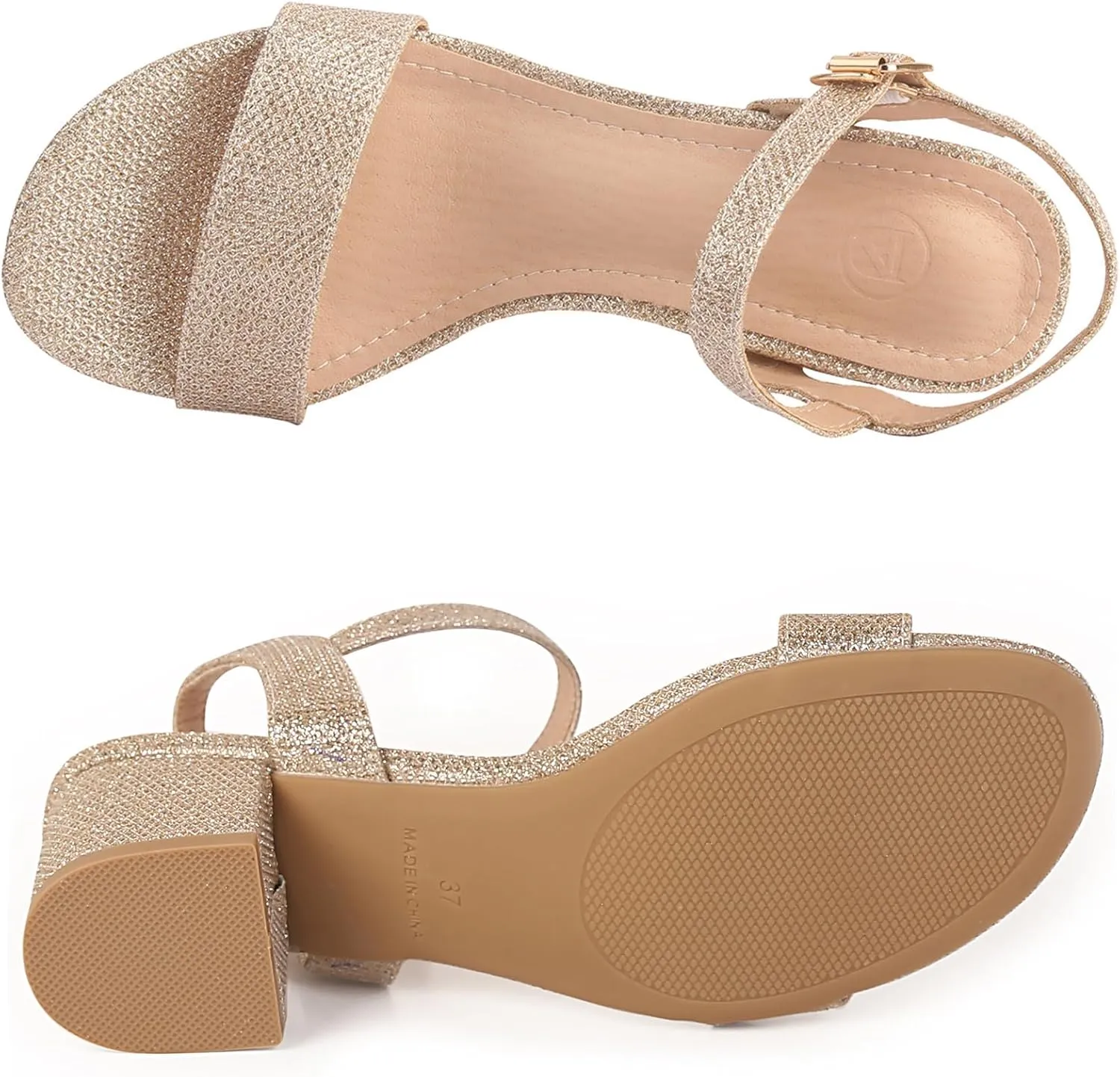 DADAWEN Women's Open Toe Ankle Strap Glitter Low Block Chunky Heels Sandals Party Dress Pumps Shoes