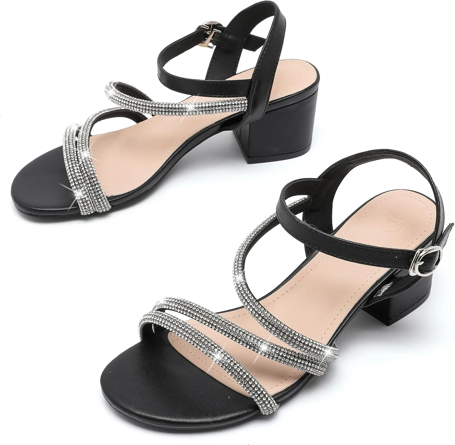 DADAWEN Women's Strappy Open Toe Rhinestone Low Block Chunky Heels Sandals Ankle Buckle Heeled Sandals Wedding Party Dress Pumps Shoes
