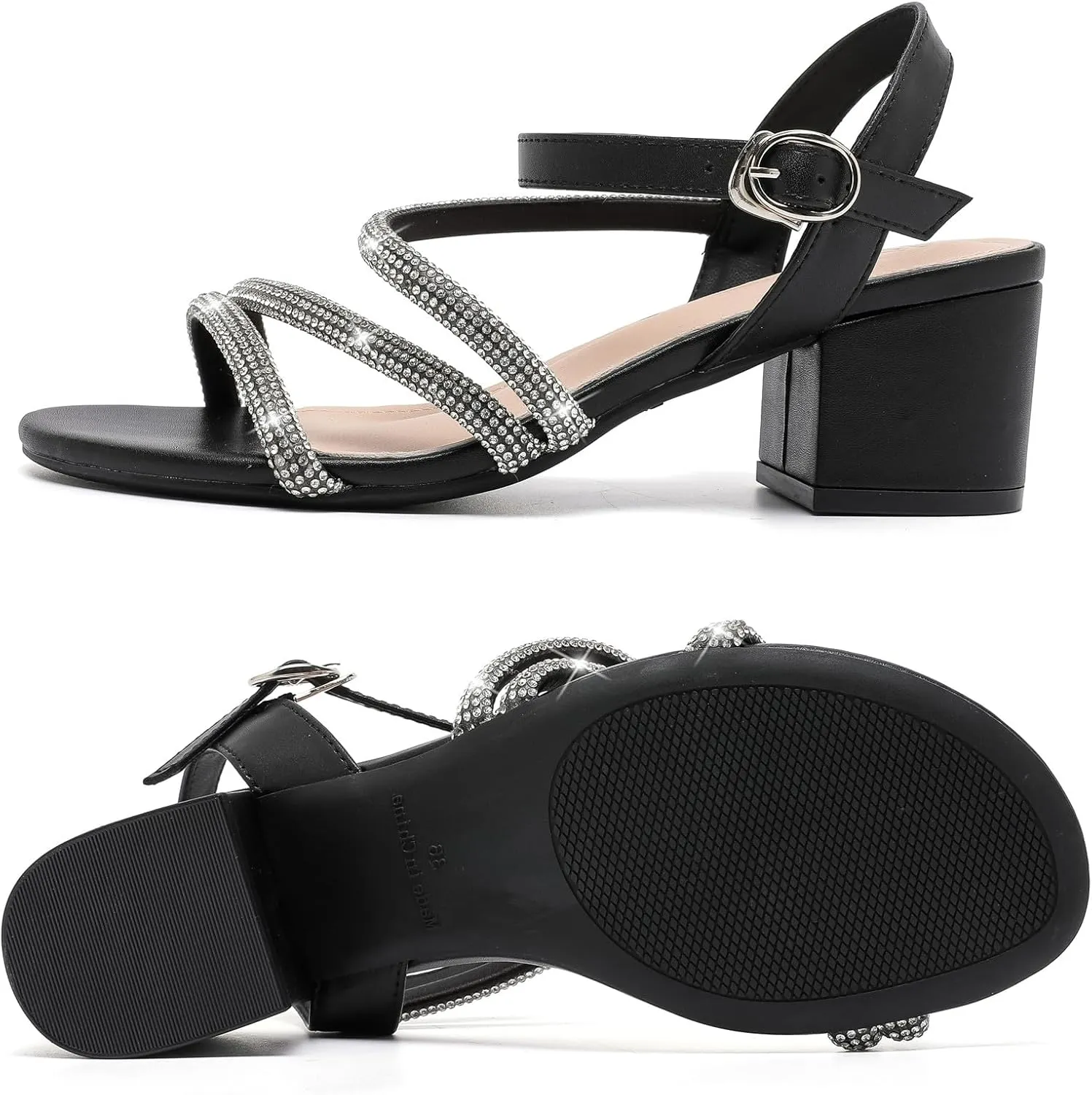 DADAWEN Women's Strappy Open Toe Rhinestone Low Block Chunky Heels Sandals Ankle Buckle Heeled Sandals Wedding Party Dress Pumps Shoes