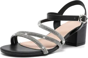 DADAWEN Women's Strappy Open Toe Rhinestone Low Block Chunky Heels Sandals Ankle Buckle Heeled Sandals Wedding Party Dress Pumps Shoes
