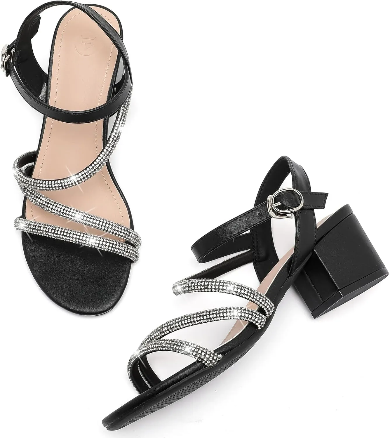 DADAWEN Women's Strappy Open Toe Rhinestone Low Block Chunky Heels Sandals Ankle Buckle Heeled Sandals Wedding Party Dress Pumps Shoes