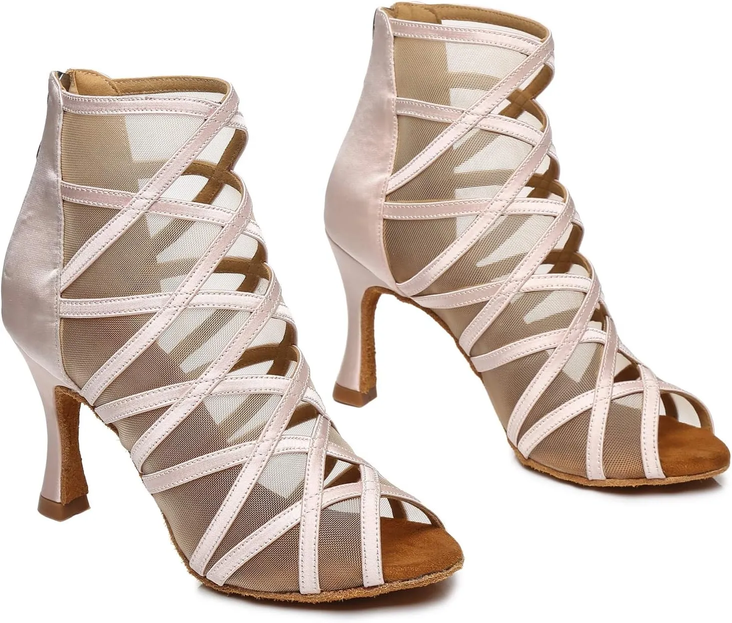 Dance Practice Shoes for Women Mesh Ballroom Sandals Heels Party Prom Ankle Booties with Zip