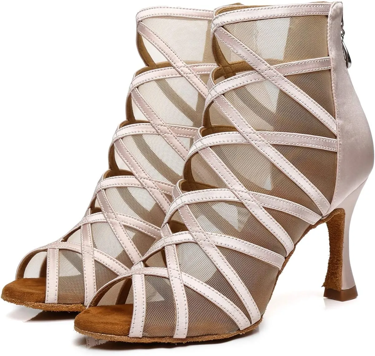 Dance Practice Shoes for Women Mesh Ballroom Sandals Heels Party Prom Ankle Booties with Zip
