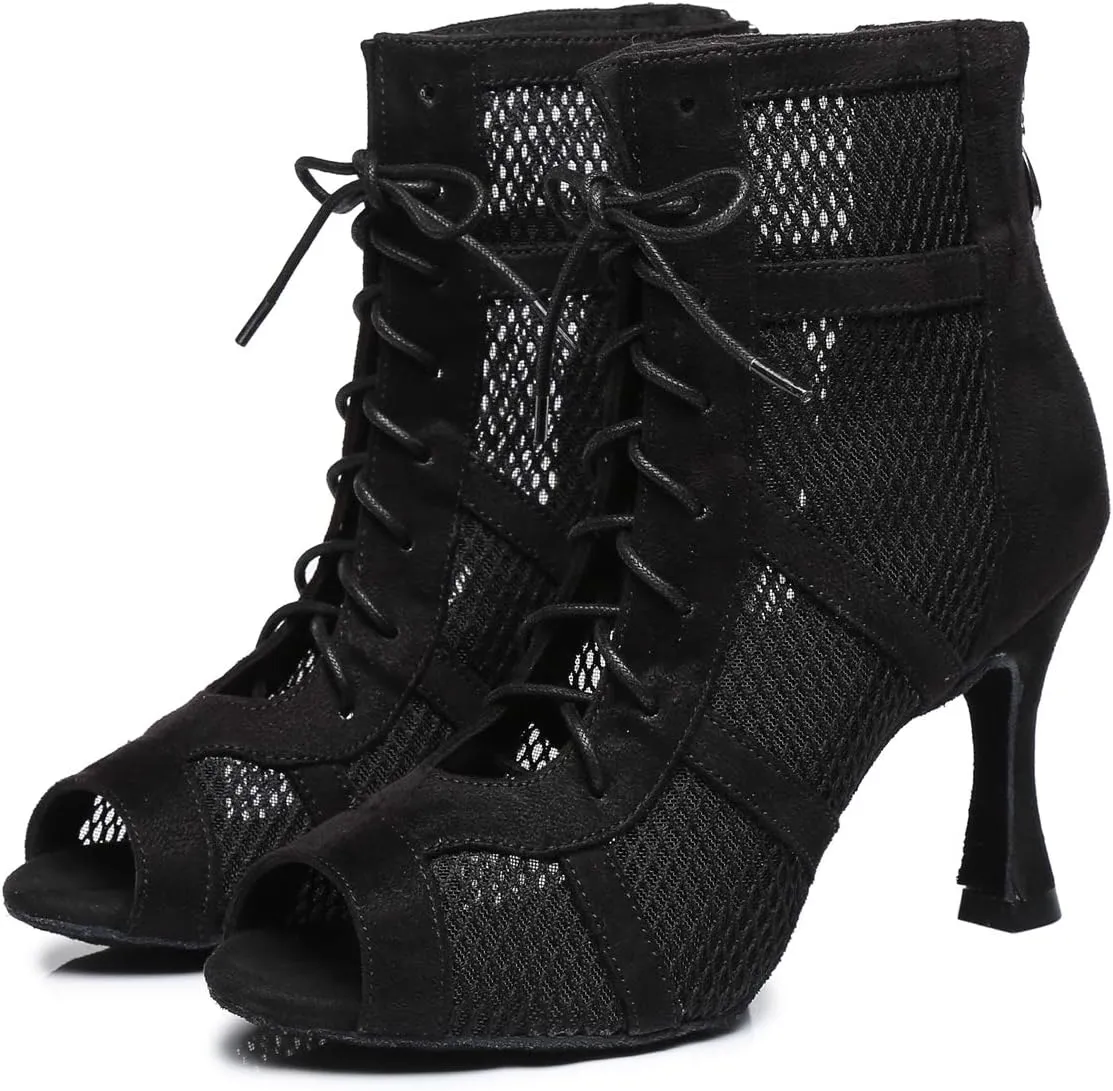Dance Practice Shoes for Women Mesh Ballroom Sandals Heels Party Prom Ankle Booties with Zip