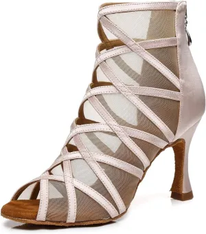 Dance Practice Shoes for Women Mesh Ballroom Sandals Heels Party Prom Ankle Booties with Zip