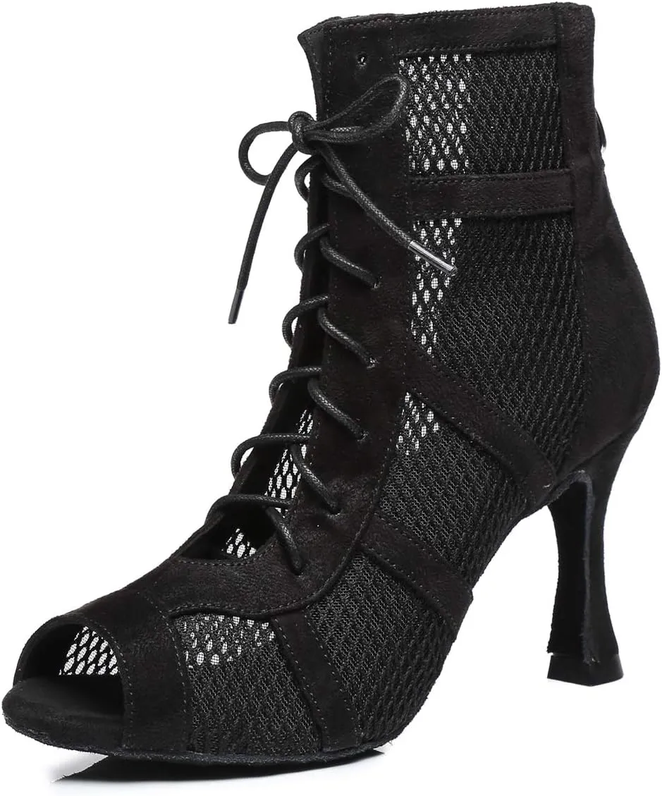 Dance Practice Shoes for Women Mesh Ballroom Sandals Heels Party Prom Ankle Booties with Zip