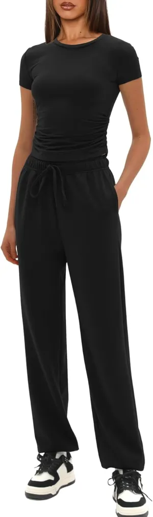 Darong Womens 2 Piece Outfit Sets Short Sleeve Crew Neck T Shirts with Jogger Pants Active Tracksuit Lounge Set