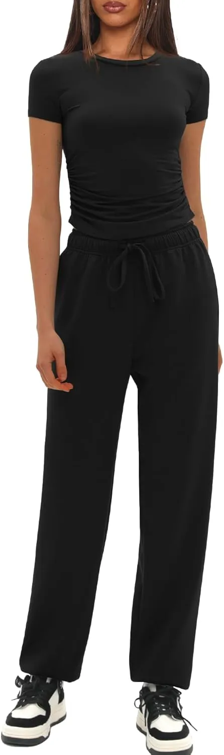 Darong Womens 2 Piece Outfit Sets Short Sleeve Crew Neck T Shirts with Jogger Pants Active Tracksuit Lounge Set