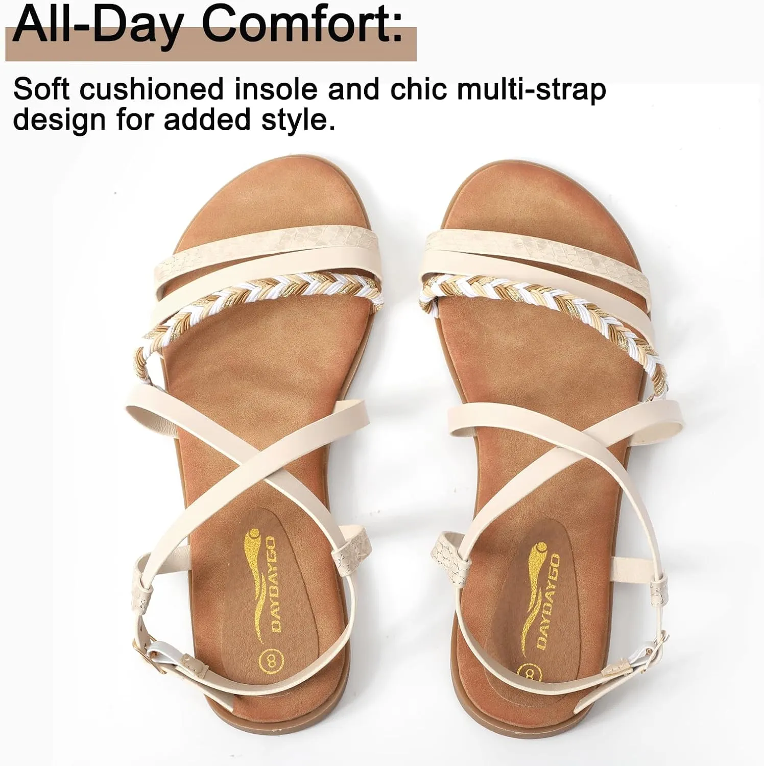 DAYDAYGO Women's Elegant Flat Sandals with Adjustable Ankle Strap and Memory Foam - Dressy and Comfortable for Summer - Fashionable and Trendy for Girls and Women - Strappy Sandal