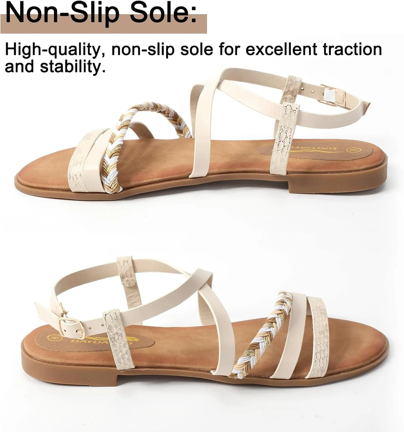 DAYDAYGO Women's Elegant Flat Sandals with Adjustable Ankle Strap and Memory Foam - Dressy and Comfortable for Summer - Fashionable and Trendy for Girls and Women - Strappy Sandal