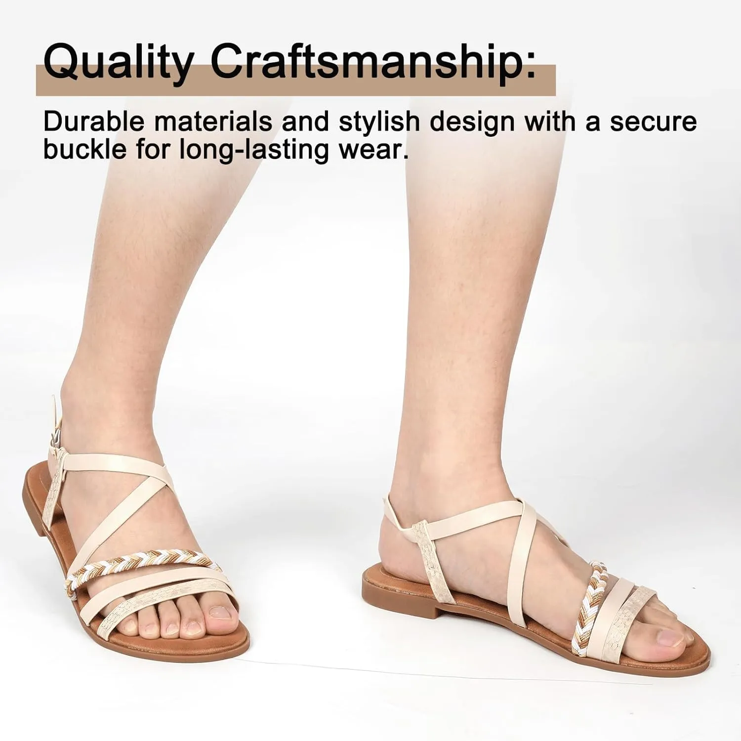 DAYDAYGO Women's Elegant Flat Sandals with Adjustable Ankle Strap and Memory Foam - Dressy and Comfortable for Summer - Fashionable and Trendy for Girls and Women - Strappy Sandal