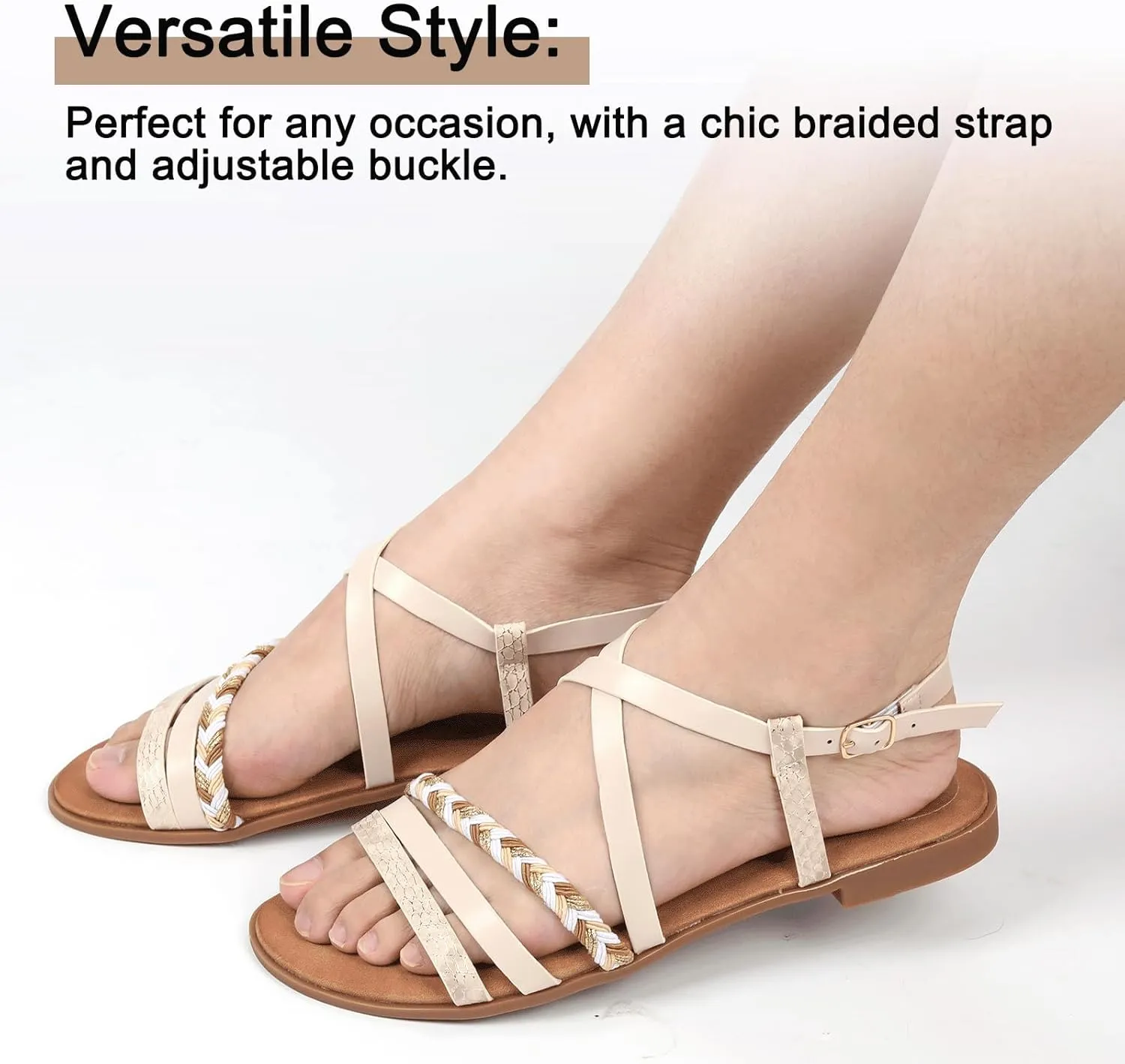DAYDAYGO Women's Elegant Flat Sandals with Adjustable Ankle Strap and Memory Foam - Dressy and Comfortable for Summer - Fashionable and Trendy for Girls and Women - Strappy Sandal