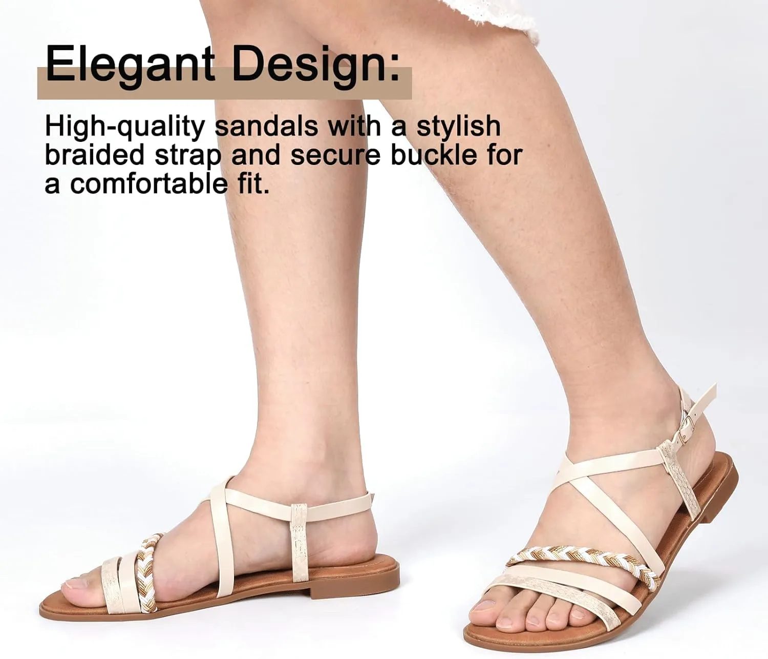 DAYDAYGO Women's Elegant Flat Sandals with Adjustable Ankle Strap and Memory Foam - Dressy and Comfortable for Summer - Fashionable and Trendy for Girls and Women - Strappy Sandal
