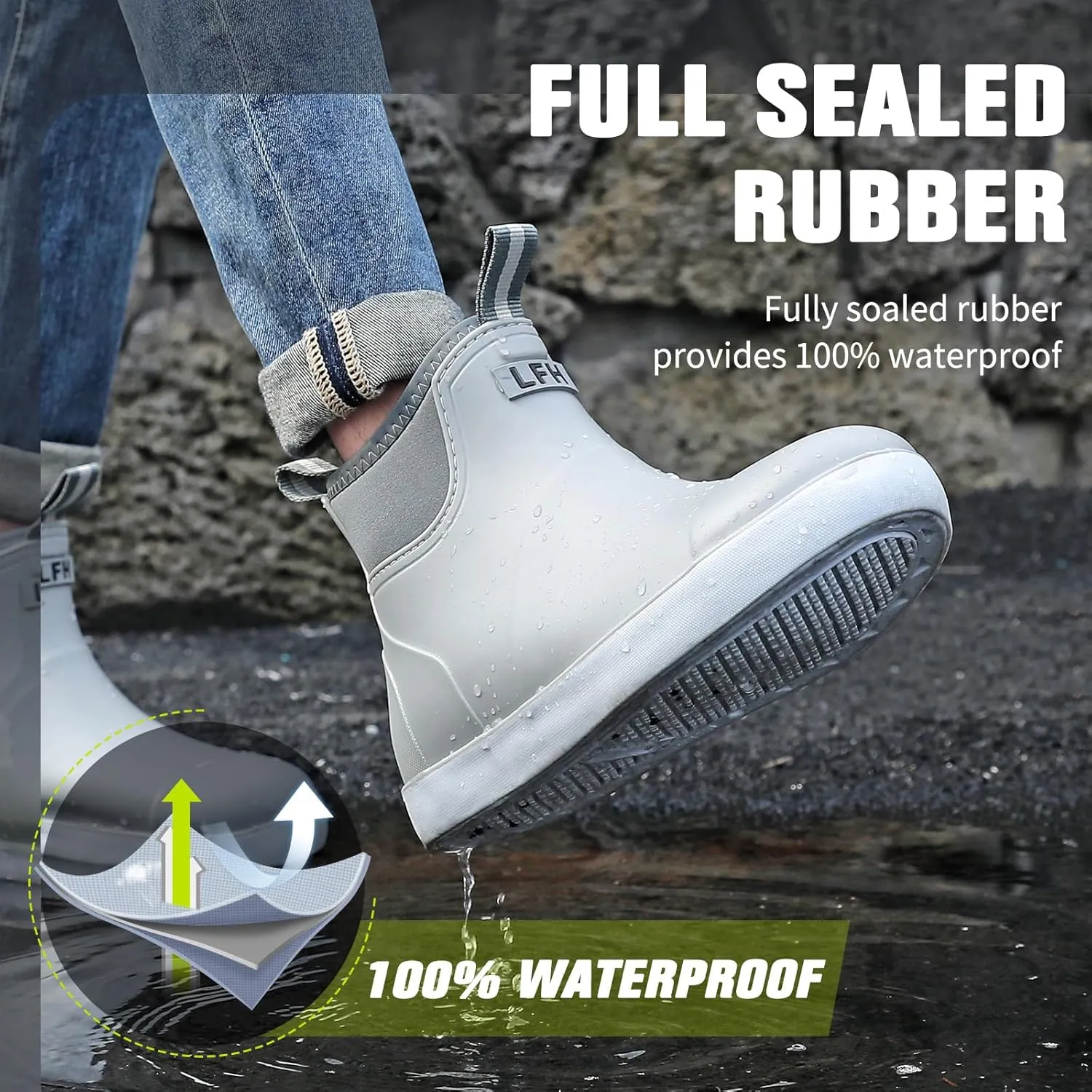 Deck Boots Men Size 6.5-10.5, Rain Boots Anti-Slip Fishing, Waterproof Shoes Rogue Wave, Rubber Boots Outdoor Ankle Footwear Durable