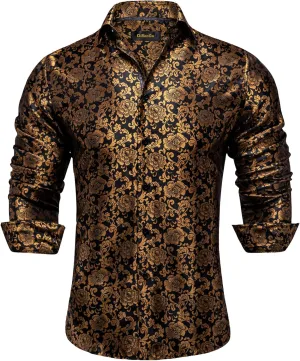 DiBanGu Men's Silk Paisley Dress Shirt Formal Long Sleeve Button-Down Casual Shirts for Wedding Party