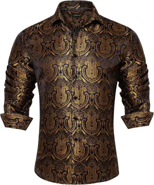DiBanGu Men's Silk Paisley Dress Shirt Formal Long Sleeve Button-Down Casual Shirts for Wedding Party