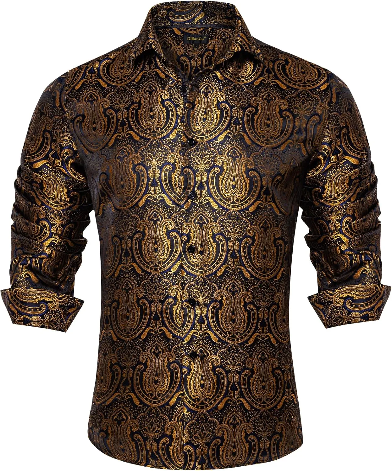 DiBanGu Men's Silk Paisley Dress Shirt Formal Long Sleeve Button-Down Casual Shirts for Wedding Party