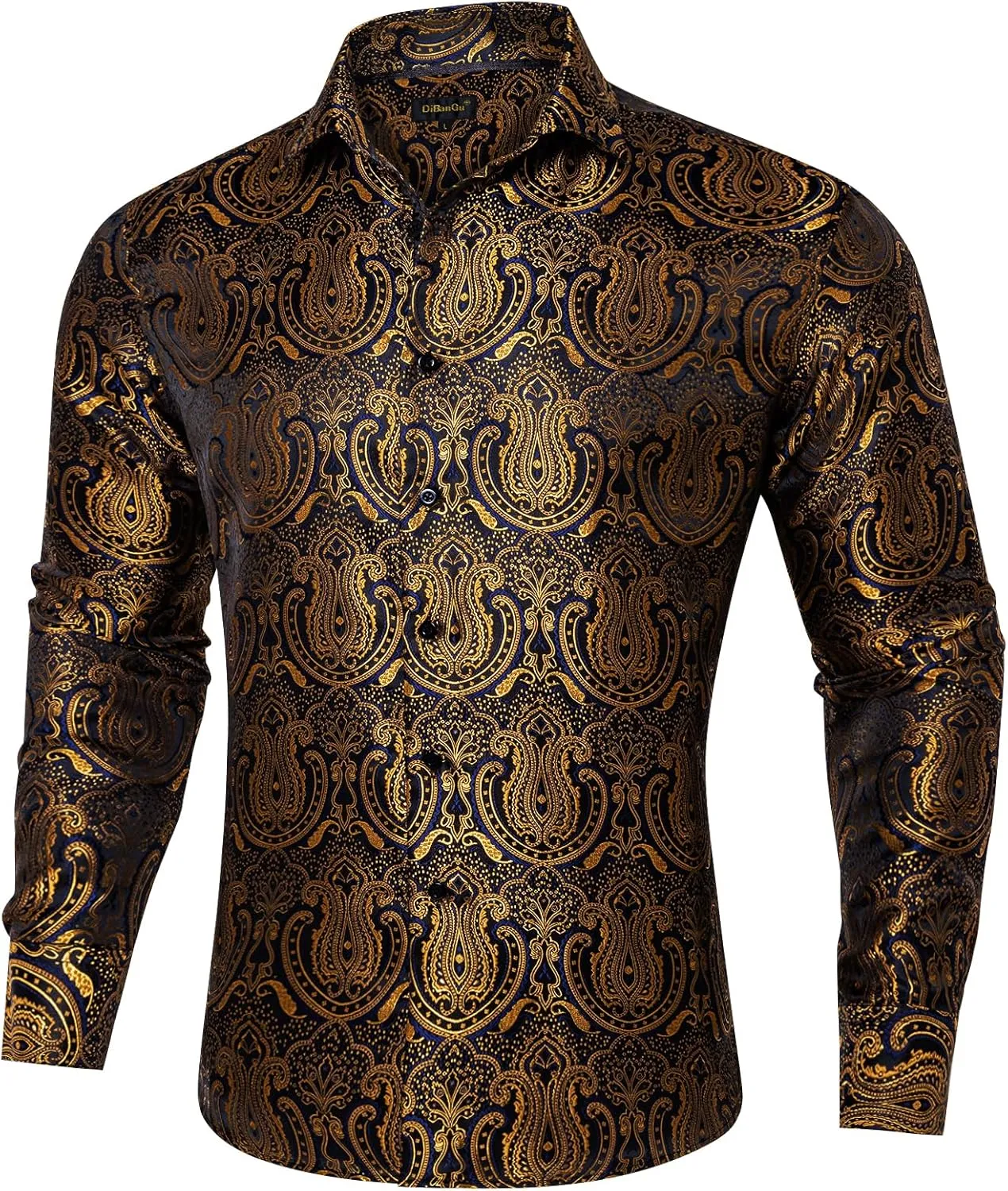 DiBanGu Men's Silk Paisley Dress Shirt Formal Long Sleeve Button-Down Casual Shirts for Wedding Party