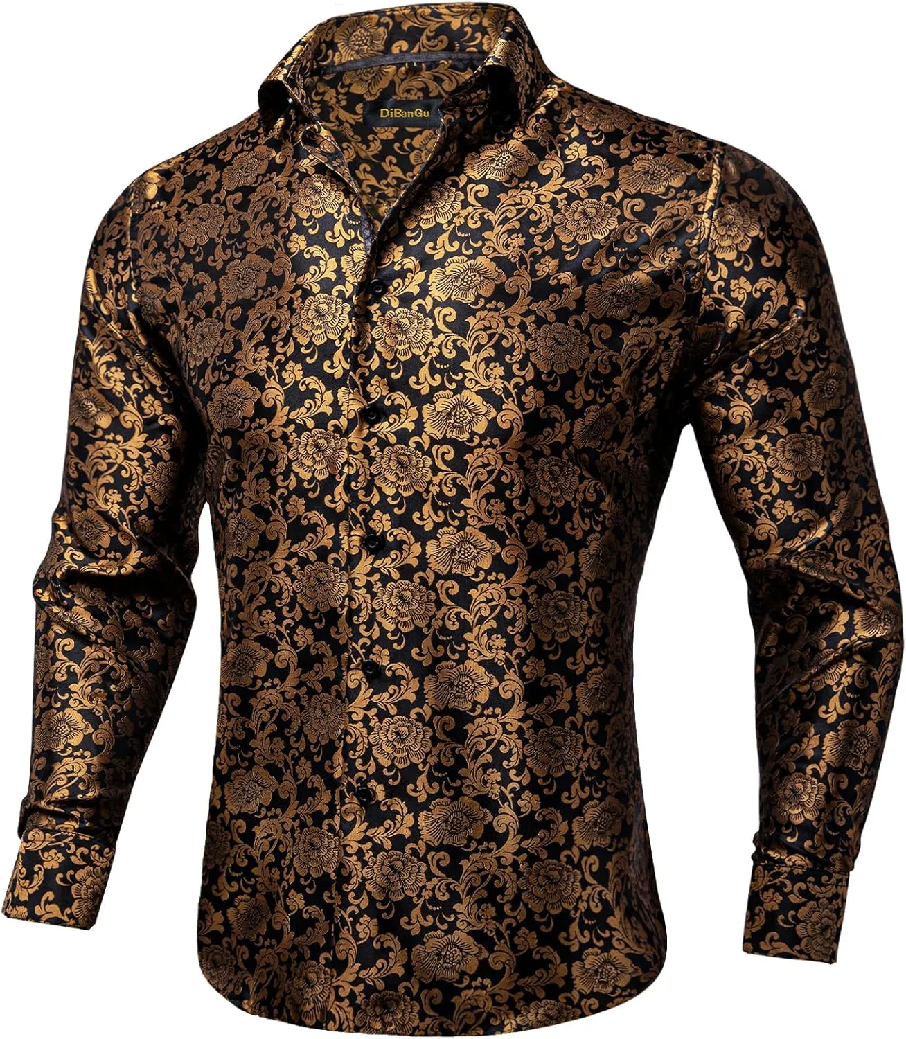 DiBanGu Men's Silk Paisley Dress Shirt Formal Long Sleeve Button-Down Casual Shirts for Wedding Party
