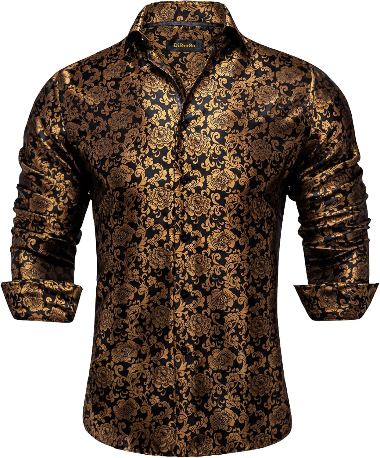 DiBanGu Men's Silk Paisley Dress Shirt Formal Long Sleeve Button-Down Casual Shirts for Wedding Party