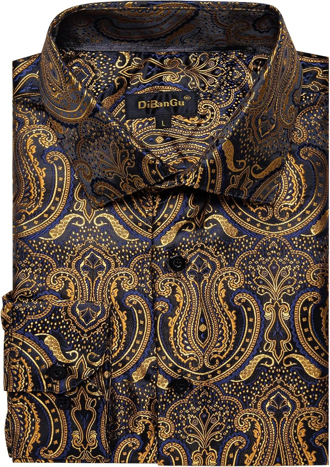 DiBanGu Men's Silk Paisley Dress Shirt Formal Long Sleeve Button-Down Casual Shirts for Wedding Party