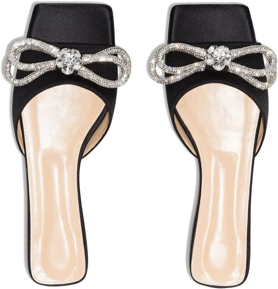 Divanne Slide Sandals for Women, Rhinestone Sandal Flats Bow Slippers Comfort Dressy Flat Slides
